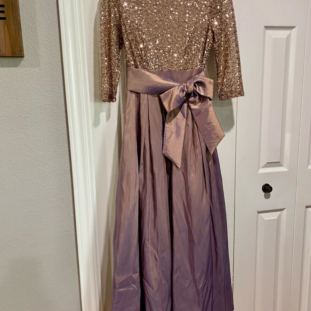 Jessica Howard Rose Gold Sequin and Taffeta Tie Front Gown